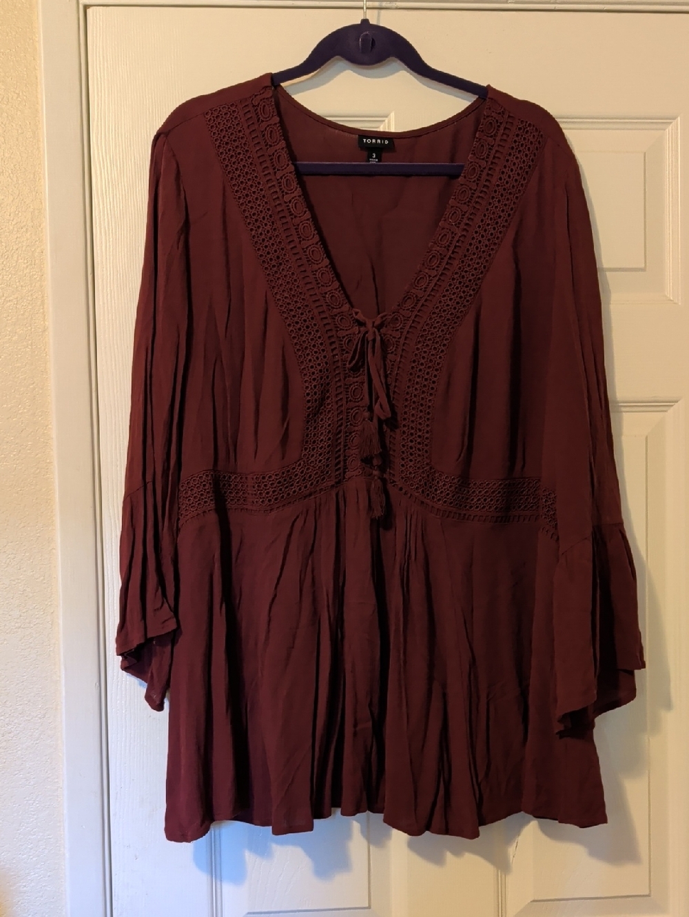 torrid Burgundy Crochet-Trim Tie-Front Tunic